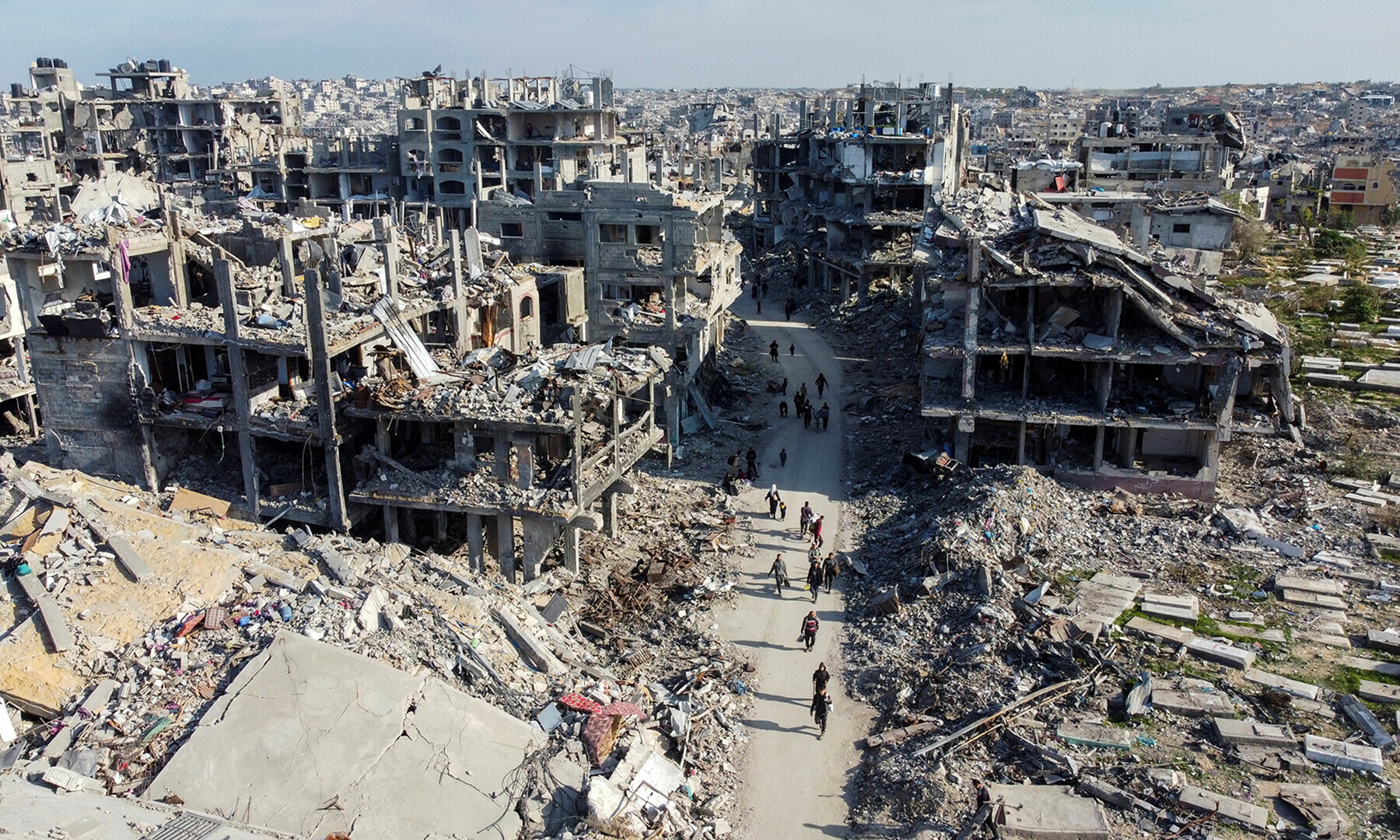 A drone view shows Palestinians walking past the rubble of houses and buildings, following a ceasefire between Israel and Hamas, in Jabalia in the northern Gaza Strip, January 19. &mdash;Reuters
