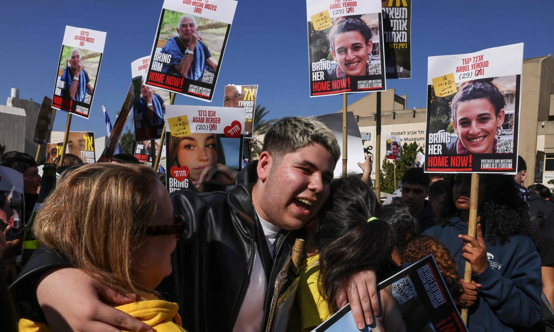  Israelis celebrate the release of three hostages held captive in Gaza since the OcT 7, 2023 attack by Palestinian gunmen, in Tel Aviv on January 30. &mdash; AFP 