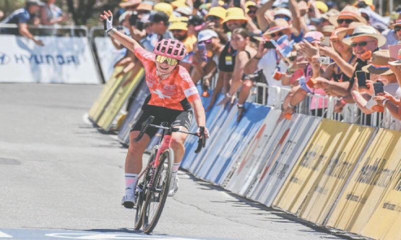 EF Education and Oatly Cycling Team&rsquo;s Noemi Ruegg of Switzerland celebrates after winning the second stage of the Tour Down Under on Saturday.&mdash;AFP