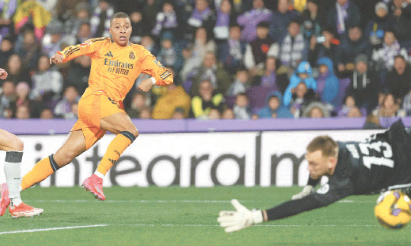 VALLADOLID: Real Madrid’s Kylian Mbappe scores during the La Liga match against Real Valladolid at the Jose Zorrilla Stadium.—AFP