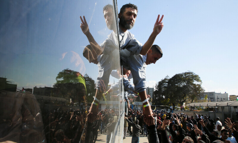 Freed Palestinian prisoners are greeted after being released by Israel as part of a hostages-prisoners swap and a ceasefire deal in Gaza between Hamas and Israel, in Khan Younis in the southern Gaza Strip on February 1. &mdash; Reuters