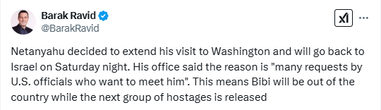 Netanyahu to extend Washington visit, to return to Israel Saturday: Axios