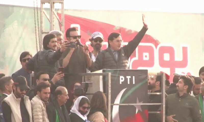 PTI Chairman Barrister Gohar Ali Khan at the party rally in Swabi on Saturday. — DawnNewsTV