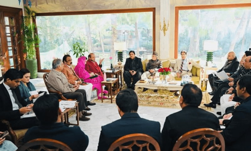 Ex-premier and PML-N president Nawaz Sharif, along with Pun&shy;jab Chief Minister Mary&shy;&shy;am Nawaz, meets with Punjab MPAs in Lahore on Feb 13, 2025. &mdash; via Instagram/pmlnawazofficial