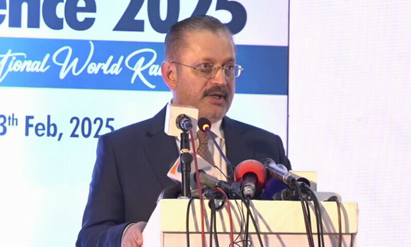 Sindh Information Minister Sharjeel Inam Memon addressing a press conference on the issue of traffic accidents in Karachi on Thursday, February 13, 2025. — DawnNews TV