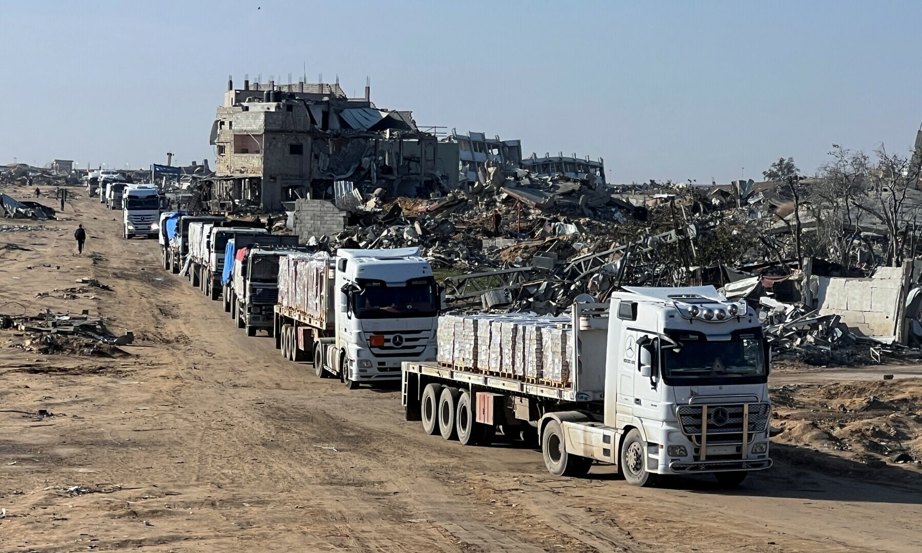Trucks carrying aid move, amid a ceasefire between Israel and Hamas, in Rafah in the southern Gaza Strip on Feb 13, 2025. — Reuters/Hussam Al-Masri