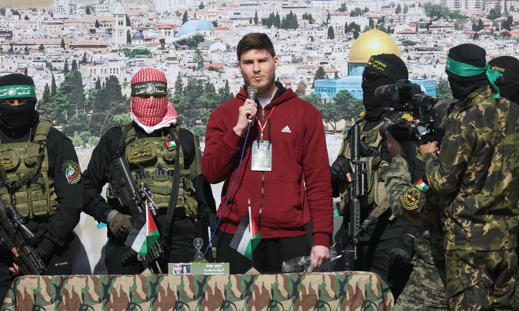 Russian-Israeli Sasha (Alexander) Troufanov, a hostage held in Gaza since the Oct 7, 2023 attack, speaks as he is released by Palestinian fighters as part of the Gaza ceasefire deal, in Khan Younis in the southern Gaza Strip on Feb 15, 2025. — Reuters/Ramadan Abed