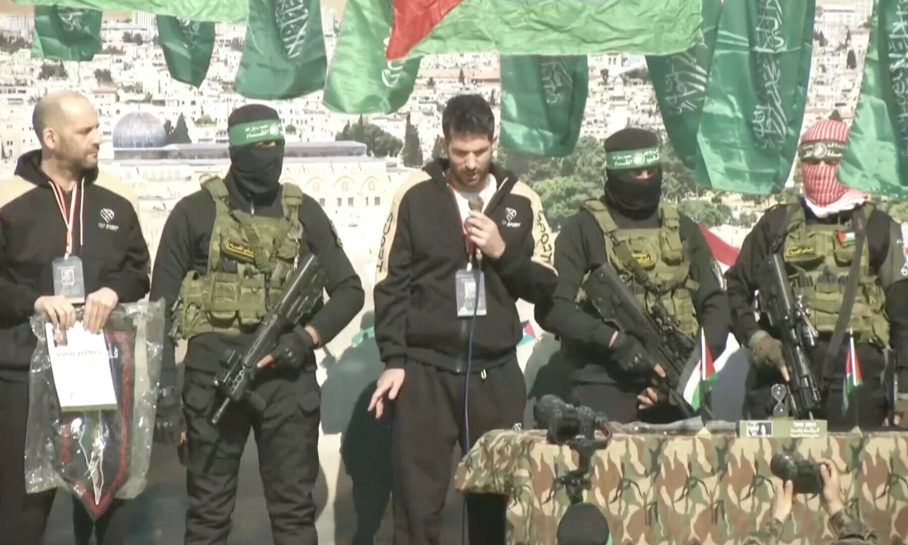 Iair Horn, US-Israeli Sagui Dekel-Chen and Russian-Israeli Sasha (Alexander) Troufanov, hostages held in Gaza since the Oct 7, 2023 attack, are released by Hamas as part of the Gaza ceasefire deal in this still image taken from a video, in Khan Younis in the southern Gaza Strip on Feb 15, 2025. — Reuters/Reuters TV
