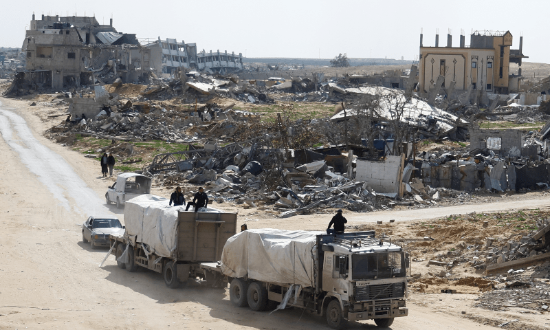 A truck carrying aid drives, amid a ceasefire between Israel and Hamas, in Rafah in the southern Gaza Strip on February 16, 2025. — Reuters/Hatem Khaled