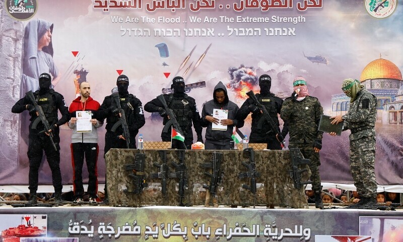 Two captives released as part of a ceasefire and a hostages-prisoners swap deal between Hamas and Israel, in Gaza’s Rafah. — Reuters