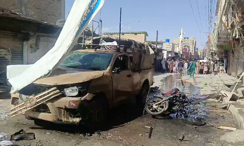 An FC vehicle lies damaged following an explosion on Jan Muhammad Road in Quetta on February 28. — Dawn News TV