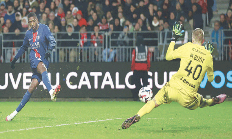 BREST: Paris St-Germain&rsquo;s Ousmane Dembele scores past Brest goalkeeper Marco Bizot during their Ligue 1 match at Stade Francis-Le Ble.&mdash;Reuters
