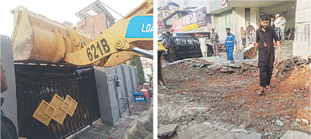 Illegal structures being demolished in Johar Town for owners failure to pay commercialisation fee and fine. — Dawn