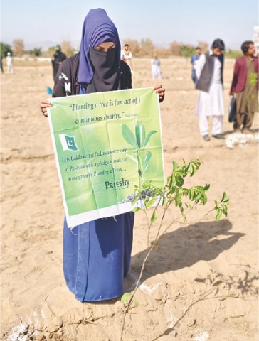 A student holds a banner during a plantation drive in Bannu on Thursday. &mdash; Dawn