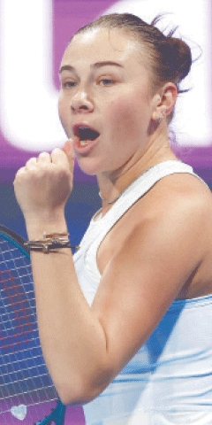 DOHA: Amanda Anisimova of the US reacts after winning a point against Latvia&rsquo;s Jelena Ostapenko during the Qatar Open final at the Khalifa International Tennis Complex on Saturday.&mdash;AFP