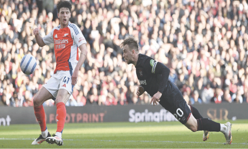 LONDON: West Ham United&rsquo;s Jarrod Bowen heads to score against Arsenal during their Premier League match at the Emirates Stadium on Saturday.&mdash;Reuters