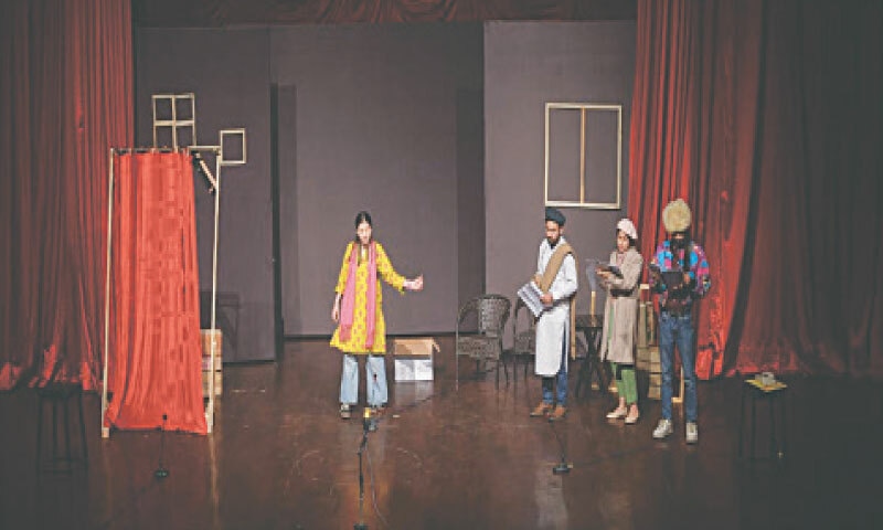 STUDENT performers stage a play in Nishtar Hall, Peshawar, on Sunday. — Dawn STUDENT performers stage a play in Nishtar Hall, Peshawar, on Sunday. — Dawn