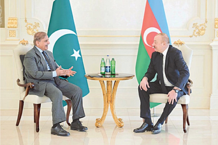 BAKU: Prime Minister Shehbaz Sharif meets with President Ilham Aliyev at the Zugulba Palace, on Monday.&shy;&mdash;APP