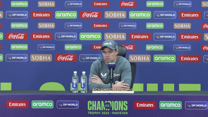 New Zealand’s Tom Latham addressing the press conference in Dubai on March 2. — © ICC 2023