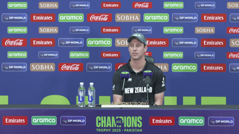 New Zealand’s Matt Henry addressing the press conference in Dubai on March 2. — © ICC 2023
