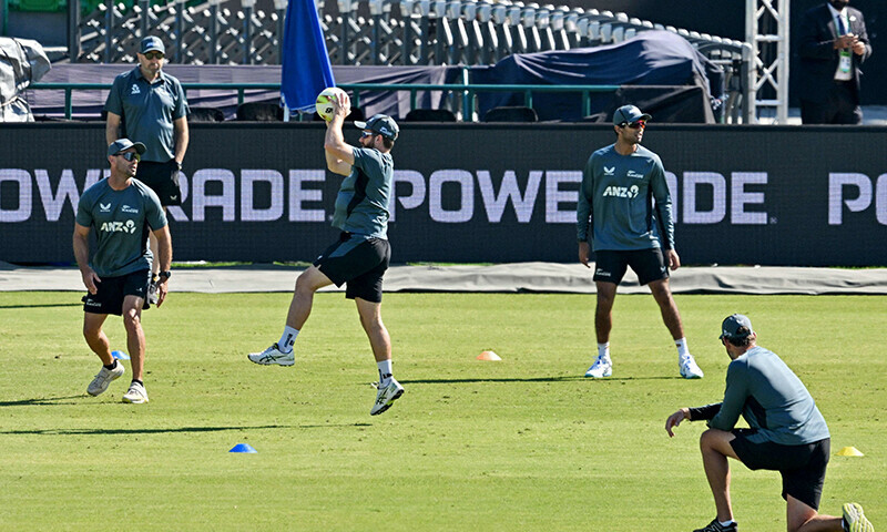 New Zealand players play football during a practice session on the eve of their ICC Champions Trophy one-day international (ODI) cricket semi-final match against South Africa at the Gaddafi Stadium in Lahore on March 4. — AFP