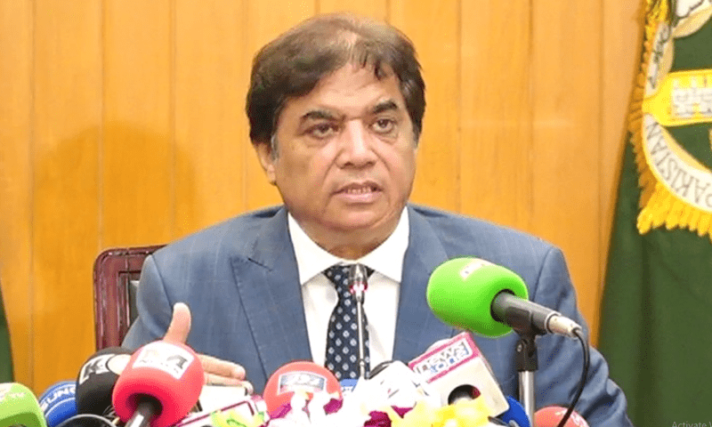Minister for Railways Hanif Abbasi addresses a press conference in Lahore on March 15, 2025. &mdash; DawnNewsTV/File