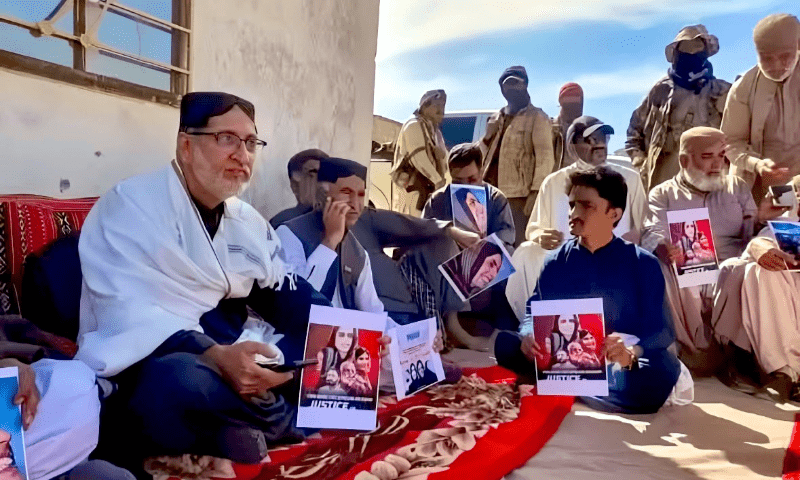BNP-M President Sardar Akhtar Mengal and his supporters stage a sit-in at Mastung on March 30 2025. — X/MediaCellBNP_