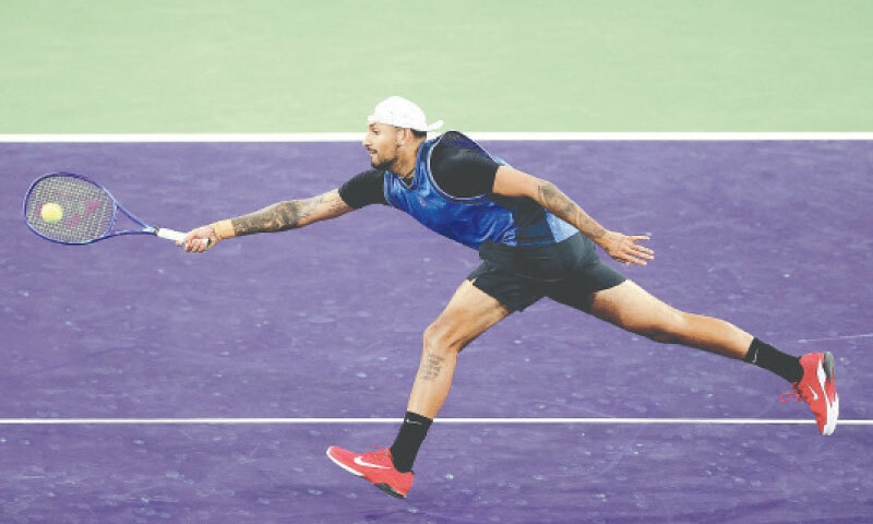 AUSTRALIA&rsquo;S Nick Kyrgios returns a shot to Botic Van De Zandschulp of the Netherlands during their first-round match of the Indian Wells Open at the Indian Wells Tennis Garden.&mdash;AFP