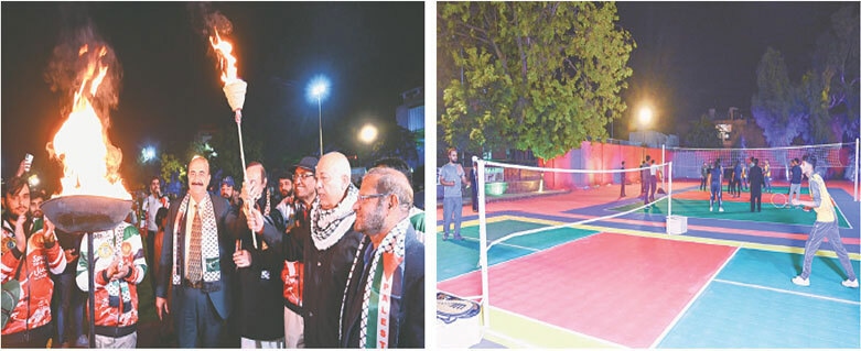 Pakistan Sweet Homes Patron-in-Chief Zamrud Khan lights the torch to inaugurate the Gaza Sports Gala in Rawalpindi Medical University on Saturday night. In the other picture, students play a badminton match. &mdash; White Star