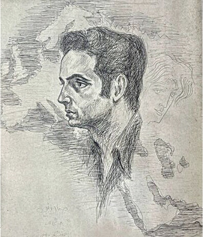 Mustansar Hussain Tarar’s portrait done by Sadequain for his book Niklay Teri Talash Mein