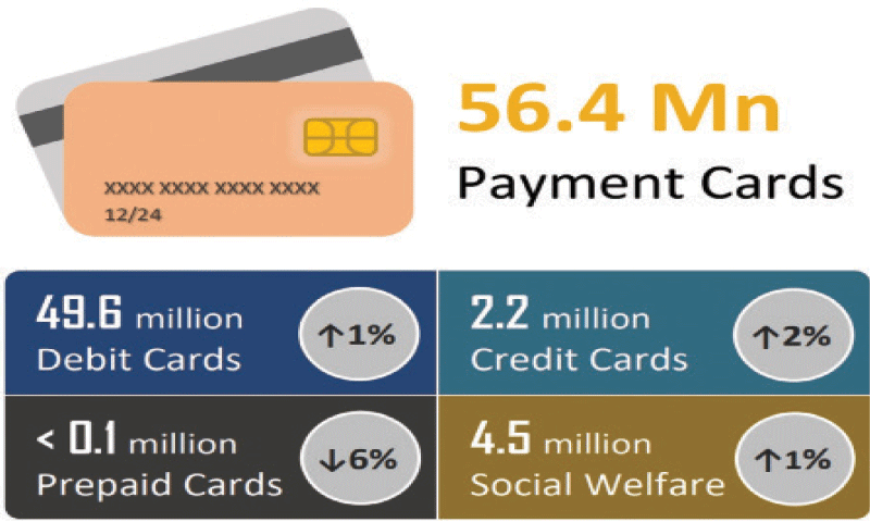 THIS chart taken from the SBP report shows the total number of payments made through cards &mdash; debit cards, credit cards, pre-paid cards and social welfare cards.