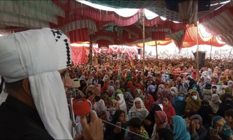 BNP-M chief Sardar Akhtar Mengal addresses demonstrators during a sit-in in Lakpass on April 2. — Photo via X (@sakhtarmengal)