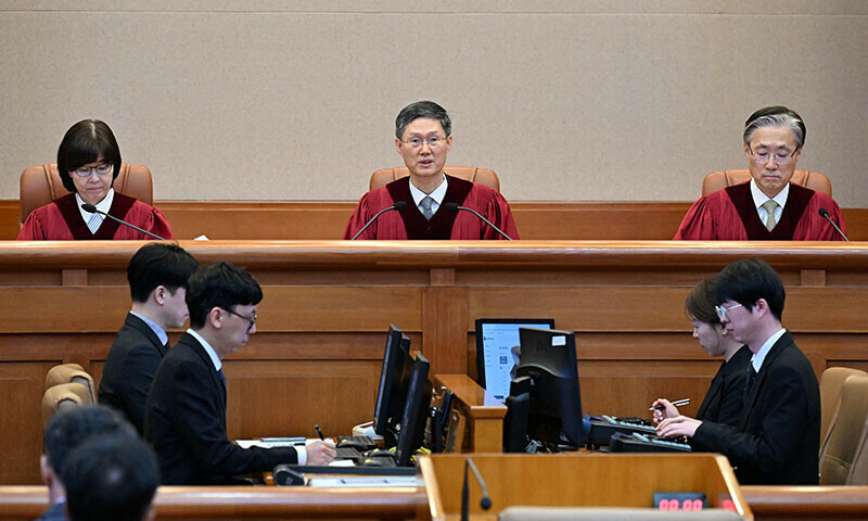 Moon Hyung-bae, acting Chief Justice of South Korea&rsquo;s Constitutional Court, speaks during the final ruling of South Korean President Yoon Suk Yeol&rsquo;s impeachment at the Constitutional Court on April 04 in Seoul, South Korea. &mdash; Reuters