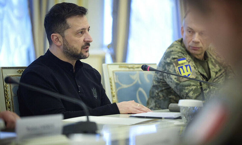 This handout photograph taken and released on April 5, 2025 by the Ukrainian Presidential Press Service shows the Ukrainian President Volodymyr Zelensky (L) during his meetings with French Chief of the Defence Staff General Thierry Burkhard and Britain Chief of the Defence Staff Admiral Tony Radakin in Kyiv, amid the Russian invasion of Ukraine. &mdash; AFP