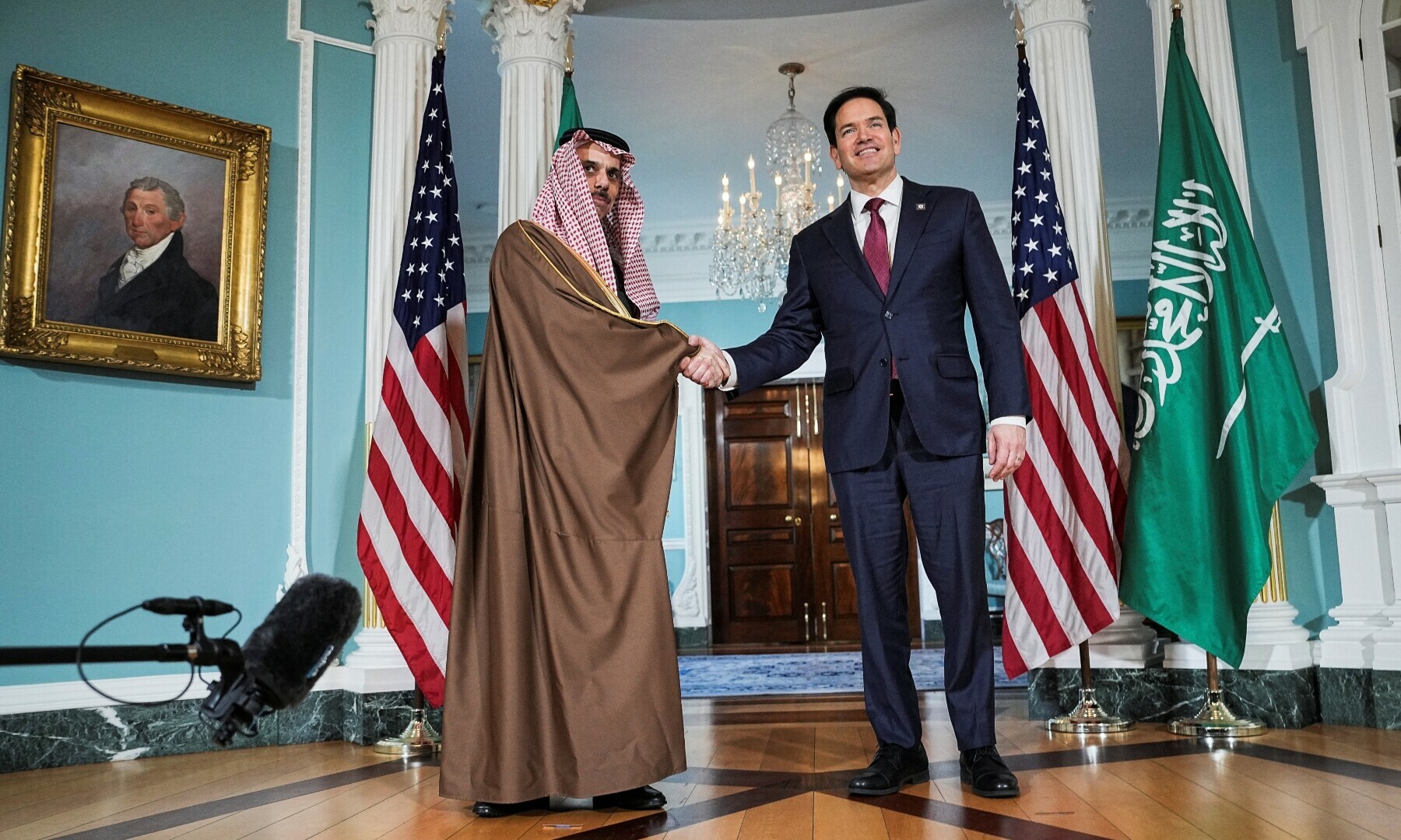 US Secretary of State Marco Rubio shakes hands with Saudi Foreign Minister Prince Faisal bin Farhan Al Saud at Department of State, in Washington, DC, US on April 9, 2025. — Reuters/Ken Cedeno