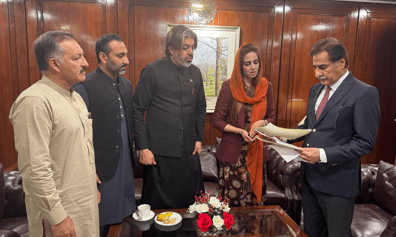 PTI MNAs submit a resolution against the planned construction of six new canals on the Indus River to NA Speaker Ayaz Sadiq on April 10, 2025. — via Nadir Guramani