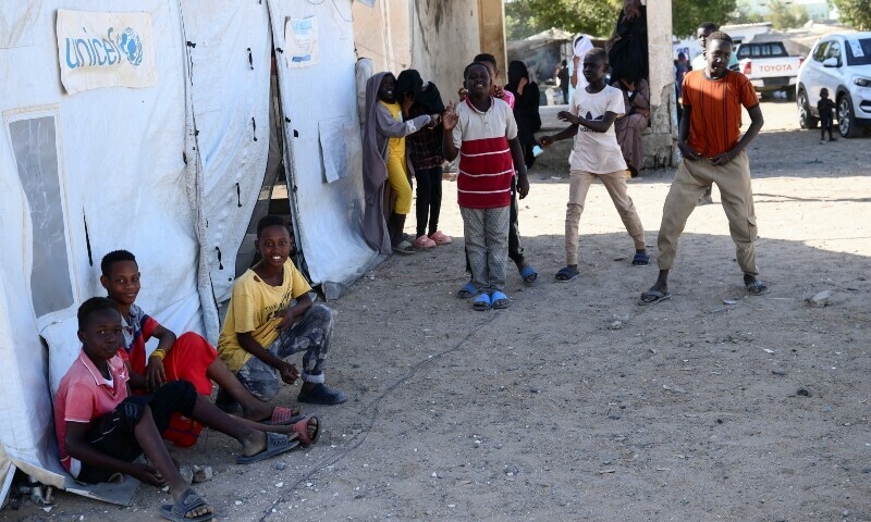 Displaced Sudanese children play next to a Unicef tent at “Abdallah Nagi” shelter camp, which houses people mostly displaced from the capital Khartoum, in Port Sudan, Sudan April 15, 2025. — Reuters