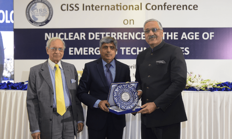 Lt Gen Mazhar Jamil (R), Advisor, National Command Authority, Pakistan, presented the CISS shield to General Zubair Mahmood Hayat (R) in recognition of his insightful conversation at the CISS International Conference 2025. &mdash; Photo via X/@CISS_Islamabad