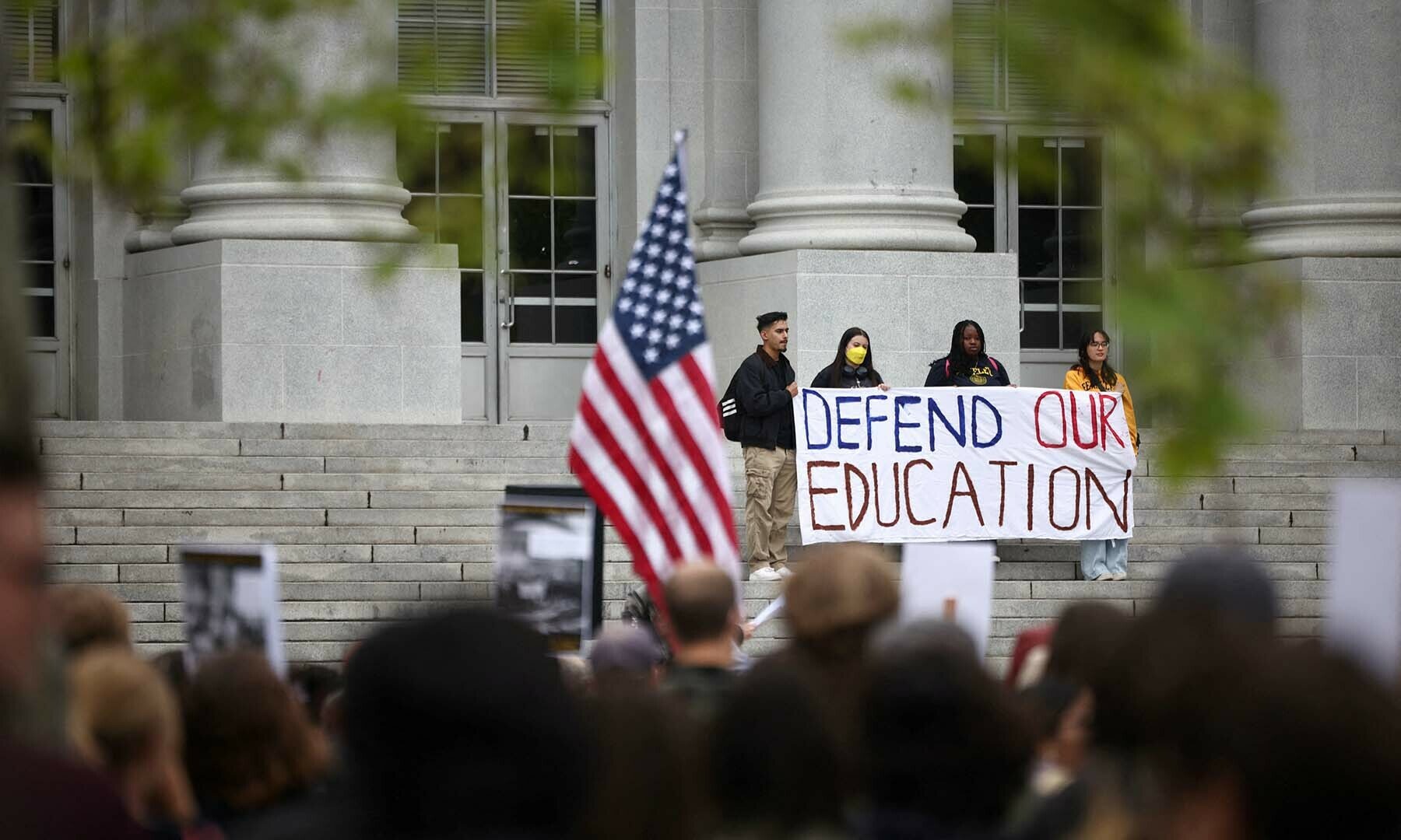 Demonstrators hold a banner during a ‘Stand Up for Internationals’ rally on the campus of Berkeley University in Berkeley, California, US on April 17, 2025. — Reuters