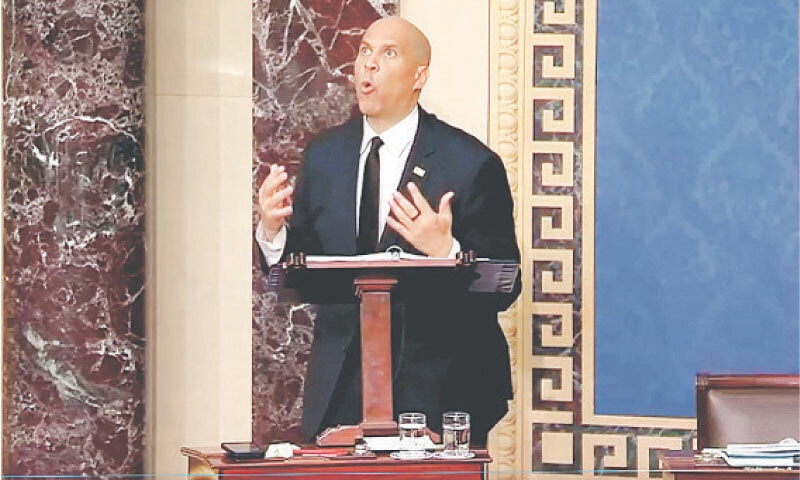 SENATOR Cory Booker delivers a marathon speech against President Donald Trump at the US Capitol.&mdash;Reuters