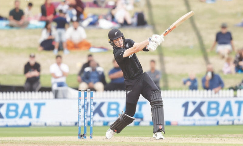 HAMILTON: New Zealand batter Mitchell Hay plays a shot during the second One-day International against Pakistan at the Seddon Park on Wednesday.&mdash;AFP