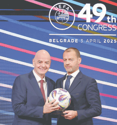 PRESIDENT of FIFA Gianni Infantino (L) and UEFA president Aleksander Ceferin pose during the 49th UEFA ordinary Congress held at the Sava Centar congress center on Thursday.—AFP