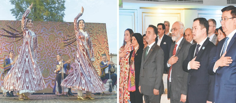 Uzbek artists present a cultural dance of their country during the tourism roadshow in Islamabad on Friday. The other picture shows Uzbek Ambassador Alisher Tukhtayev, Turkish Ambassador Irfan Neziroglu along with PTDC Managing Director Aftabur Rehman Rana standing in respect of the national anthems of the two countries. — Photos by Mohammad Asim & Online
