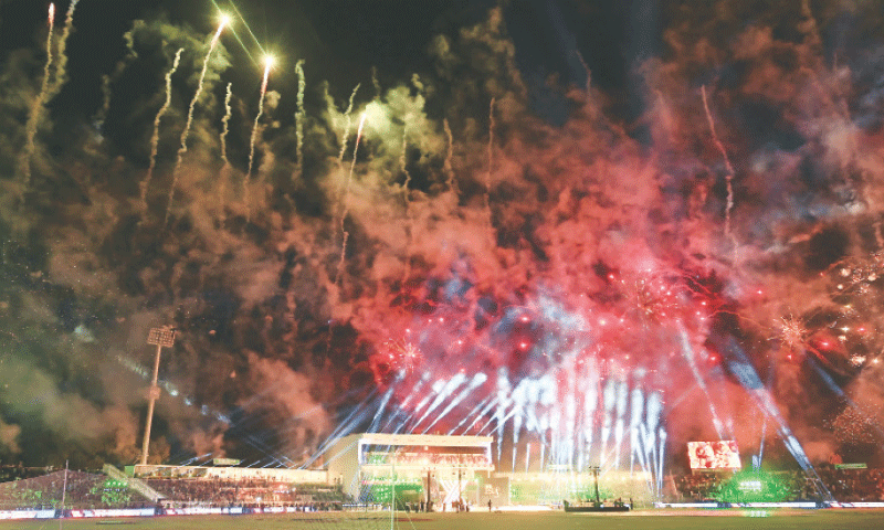 FIREWORKS light up the night sky during Friday&rsquo;s ceremony of the tenth edition of the Pakistan Super League at the Rawalpindi Cricket Stadium.&mdash;Tanveer Shahzad / White Star