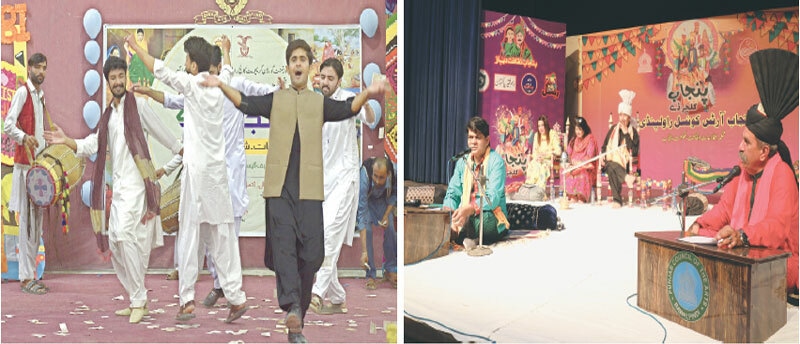 Students perform a traditional dance during the Culture Day celebrations at Gordon College in Rawalpindi while the other picture shows poets presenting their poetry at Rawalpindi Arts Council on Monday. &mdash; Photo by Mohammad Asim