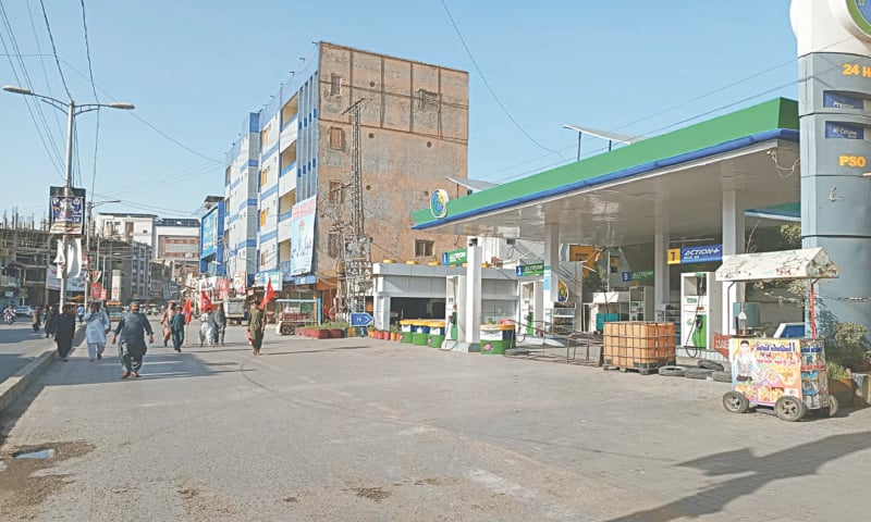 A MARKET area in Larkana wears a deserted look on nationalist party’s call for a Sindh-wide shutterdown on Sunday.—Dawn