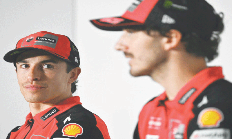 DUCATI Lenovo Team&rsquo;s Marc Marquez (L) listens to team-mate Francesco Bagnaia during a press conference on Thursday.
&mdash;AFP
