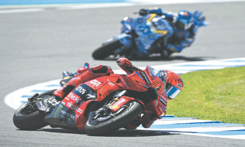 Ducati Lenovo Team&rsquo;s Marc Marquez of Spain rides ahead of compatriot Alex Marquez of Gresini Racing during the MotoGP Spanish Grand Prix sprint race at the Jerez racetrack on Saturday.&mdash;AFP