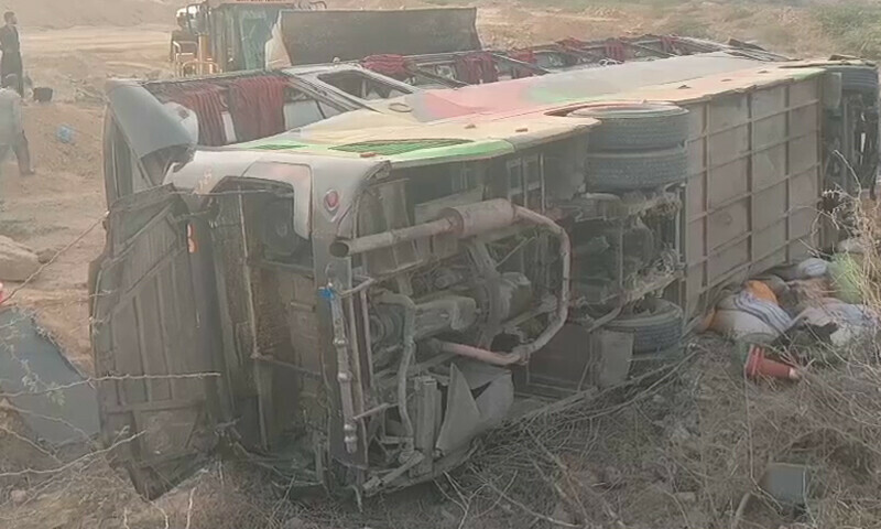 Three people died and eight others were injured when a bus overturned in Karachi’s Gulshan-i-Hadeed on Friday morning. — DawnNewsTV