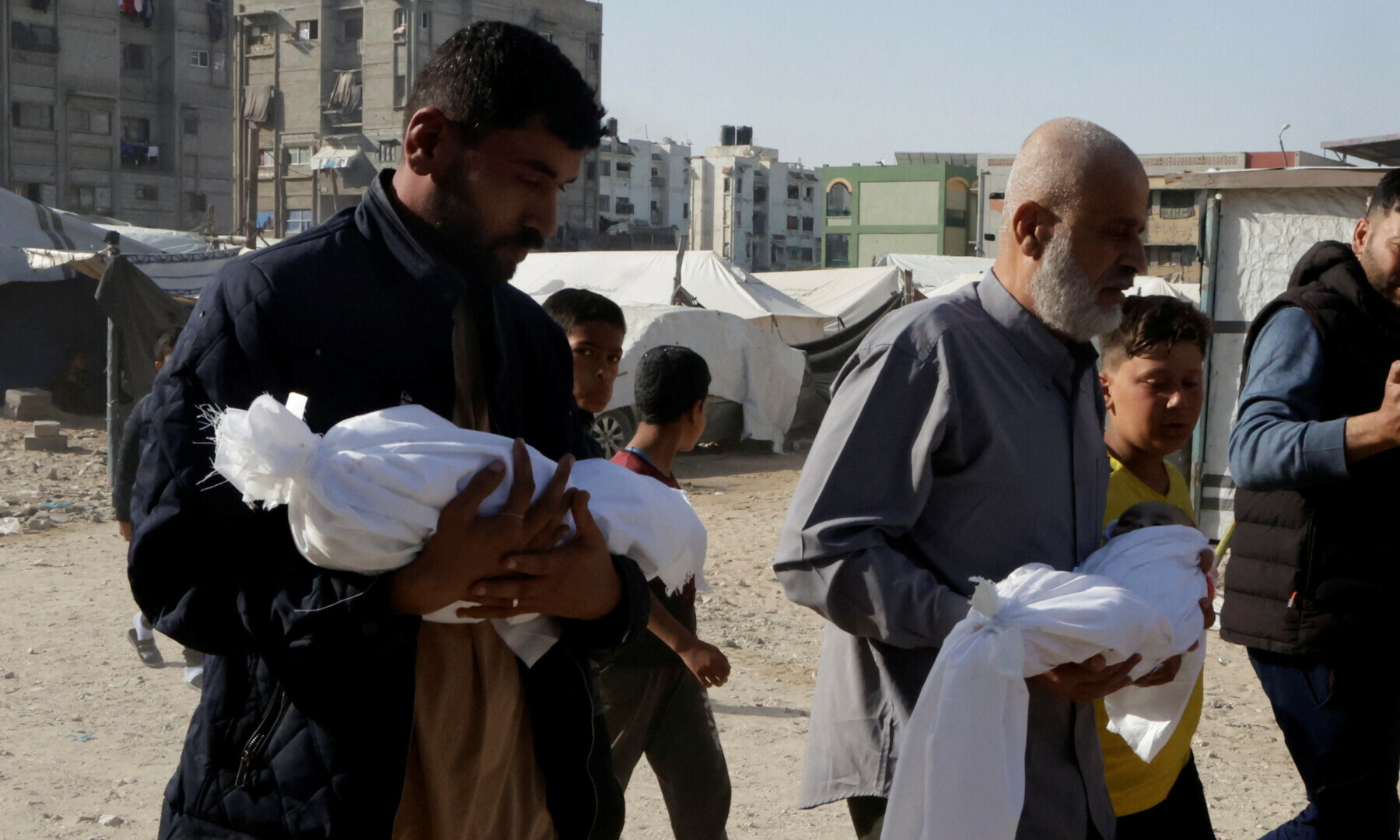 People carry bodies of Palestinians killed in Israeli strikes, seemingly minors, as they attend their funeral in Khan Younis, southern Gaza Strip on May 3, 2025. — Reuters